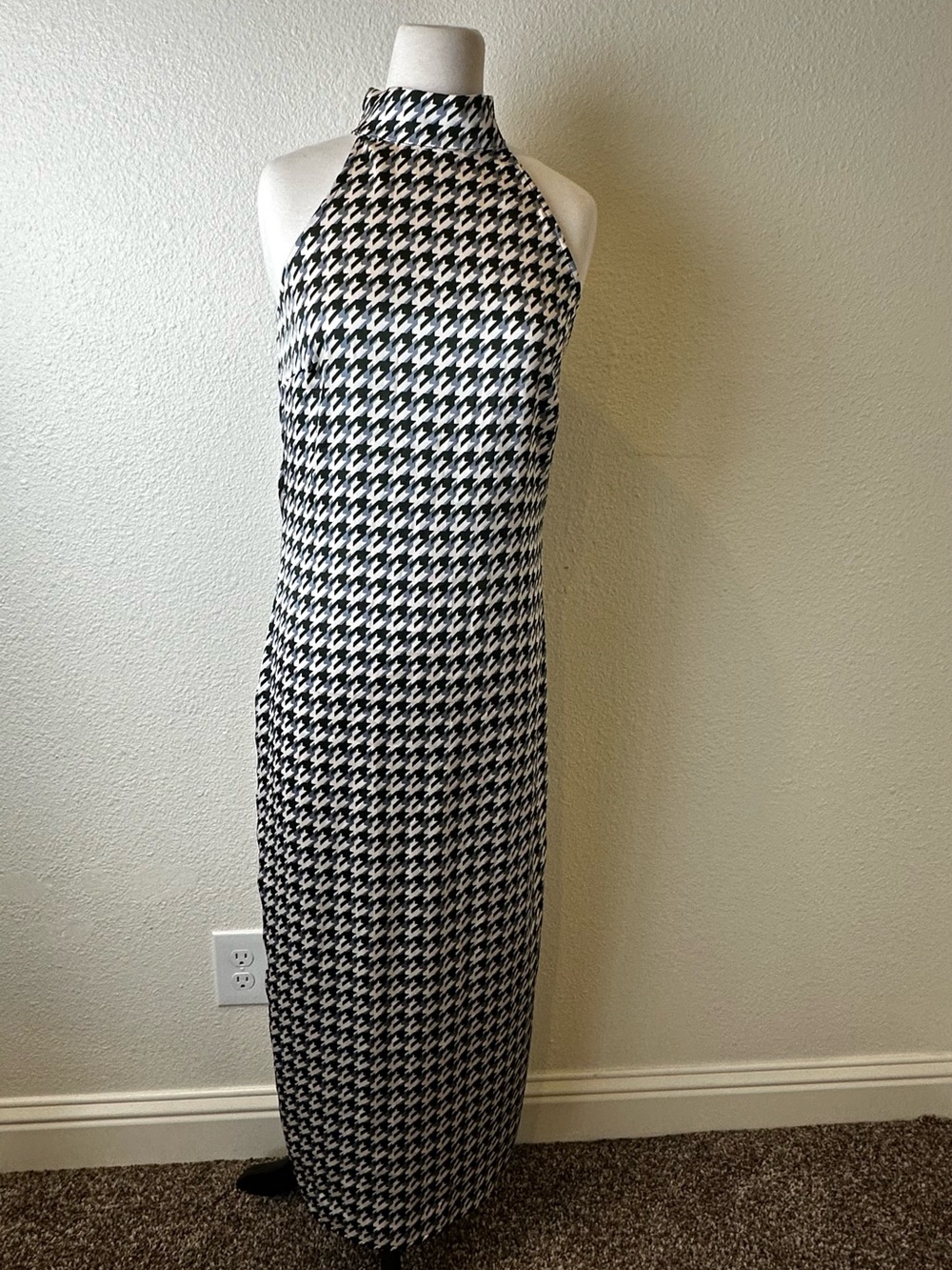 Halter Maxi Dress in Black & White Houndstooth